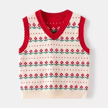 Детский жилет с цветочным узором, весенний жилет из двойного жаккардового свитера для девочек 100cm абрикосовый