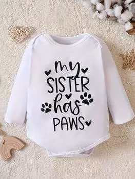 Детский зимний и осенний комбинезон с длинными рукавами «У МОЕЙ СЕСТРЫ ЕСТЬ ЛАПЫ» с круглым вырезом, 100% хлопок, треугольный комбинезон 0-3m белый