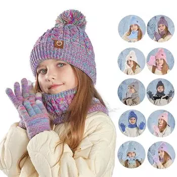 Детский зимний комплект из шапки, перчаток, шарфа, для девочек и мальчиков, комплект из помпонов, шапок, перчаток, вязаный комплект с толстой флисовой подкладкой для 4-10 детей One Size