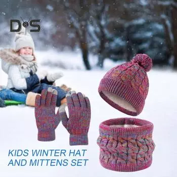 Детский зимний костюм для девочек и мальчиков, шапка, перчатки, шарф, комплект, теплая шапка, шарф с флисовой подкладкой, перчатки для сенсорного экрана для катания на лыжах, сноуборде, коньках фиолетовый