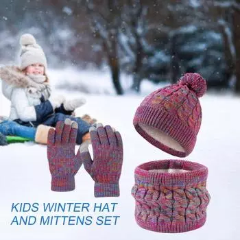 Детский зимний костюм для девочек и мальчиков, шапка, перчатки, шарф, комплект, теплая шапка, шарф с флисовой подкладкой, перчатки для сенсорного экрана для катания на лыжах, сноуборде, коньках фиолетовый