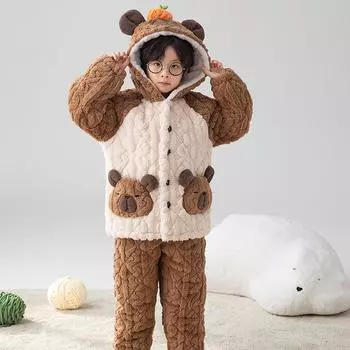 Детский зимний пижамный комплект с капюшоном и рисунком из мультфильма — стеганый, с бархатной подкладкой, очень теплый для мальчиков Size 14