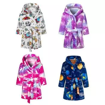 Детский зимний теплый фланелевой халат от 2 до 10 лет, детские халаты с капюшоном, ночной халат 90