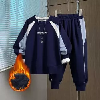 Детский зимний теплый костюм с круглым вырезом и длинным рукавом + теплые длинные штаны, комплект из 2 предметов 170