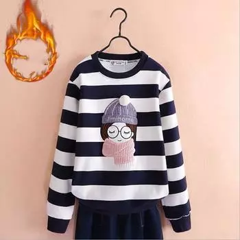 Детский зимний утолщенный теплый топ в полоску с круглым вырезом и длинным рукавом 170