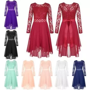 Детское элегантное кружевное шифоновое праздничное платье для девочек, милое платье с длинными рукавами и высоким и низким подолом, со стразами и поясом на свадьбу, день рождения 5-6 Years бордовый