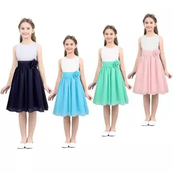 Детское элегантное свадебное платье с цветочным узором для девочек, праздничное праздничное платье принцессы, торжественное летнее платье из тюля без рукавов с цветочным принтом 3-4 Years темно-синий