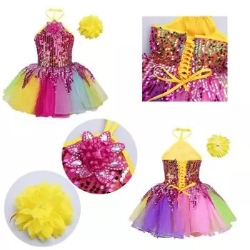 Детское балетное платье для девочек, сценическое детское балетное платье с бретелькой на шее и блестками, 3D цветочная аппликация, красочное балетное платье-пачка, комплект браслетов