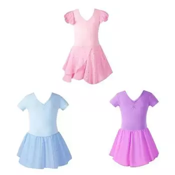 Детское балетное платье для девочек, танцевальный костюм, платье с короткими рукавами и блестками 110