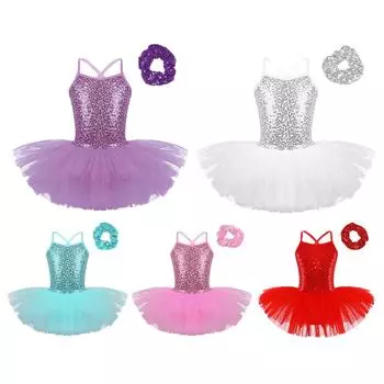 Детское балетное танцевальное платье для девочек, трико с юбкой-пачкой и галстуком для волос, гимнастическая танцевальная одежда для выступлений 3-4 Years бирюзовый