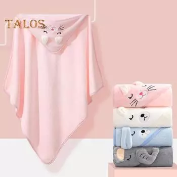 Детское банное полотенце с капюшоном из кораллового флиса, быстро впитывающее воду, с рисунком животных из мультфильмов, для мальчиков и девочек, 80 x 80 см, банное полотенце для новорожденных и малышей синий