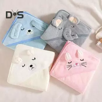 Детское банное полотенце с капюшоном из кораллового флиса, быстро впитывающее воду, с рисунком животных из мультфильмов, для мальчиков и девочек, 80 x 80 см, банное полотенце для новорожденных и малышей серый