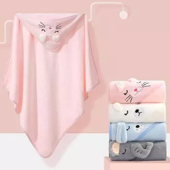 Детское банное полотенце с капюшоном, коралловый флис, водопоглощающее, быстросохнущее, супер мягкое, с большим мультяшным животным, банный халат, накидка, одеяло синий