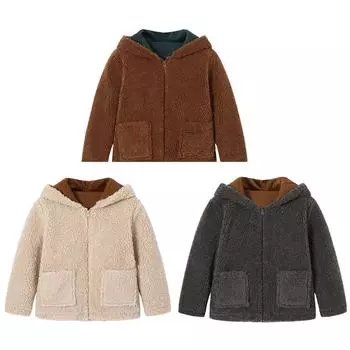 Детское бархатное пальто с капюшоном на молнии, однотонная теплая плюшевая куртка 100