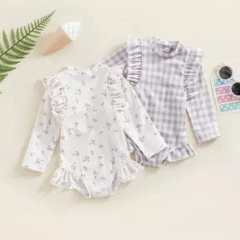 Детское бикини для девочек, 6 месяцев, 12 месяцев, 18 месяцев, 24 месяца, 3 года, 4 года, милый летний купальник с круглым вырезом и длинными рукавами в клетку, в цветочек/в клетку, для пляжа 6-12 Months белый