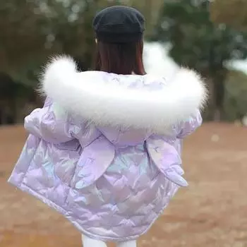 Детское блестящее хлопковое пальто средней длины с большим меховым воротником, хлопковая одежда в корейском стиле, толстая теплая стеганая куртка 100cm фиолетовый