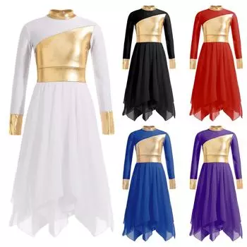 Детское блестящее металлизированное платье-туника с длинными рукавами для девочек, асимметричное платье-туника, лирический костюм для современного танца 5-6 Years белый