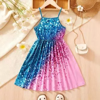 Детское блестящее платье принцессы с принтом, летнее модное платье для девочек с бретелью через шею 1-2Y
