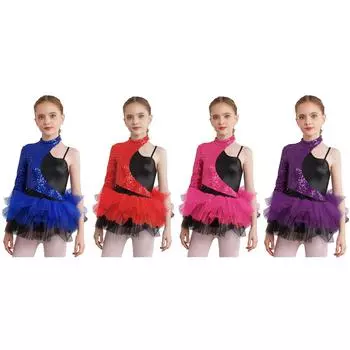 Детское блестящее платье с блестками для джазовых латинских танцев для девочек, фатиновое праздничное платье с асимметричными рукавами, платье-трико для балета и танцев 5-6 Years королевский синий
