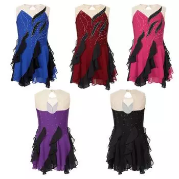 Детское блестящее танцевальное платье с рюшами для фигурного катания и танцев, цельное лирическое танцевальное платье без рукавов сзади с замочной скважиной 5-6 Years синий