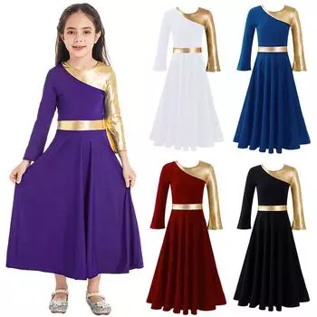 Детское церковное длинное платье для девочек, празднование восхваления духа, танцевальная макси-юбка, танцевальная одежда, танцевальная одежда с длинными рукавами 3-4 Years белый