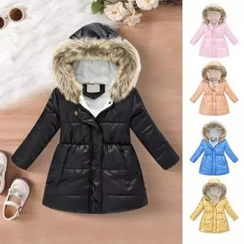 Детское длинное пальто, зимняя теплая парка, верхняя одежда, куртка с металлическим блеском и меховой отделкой на капюшоне, утепленное лыжное пальто для мальчиков и девочек 110cm розовый