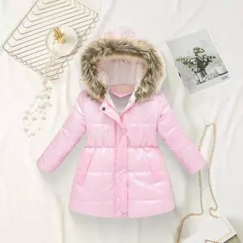 Детское длинное пальто, зимняя теплая парка, верхняя одежда, куртка с металлическим блеском и меховой отделкой на капюшоне 110cm оранжевый