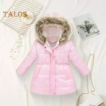 Детское длинное пальто, зимняя теплая парка, верхняя одежда, куртка с металлическим блеском и меховой отделкой на капюшоне, утепленное лыжное пальто для мальчиков и девочек 110cm чёрный