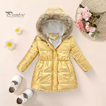 Детское длинное пальто, зимняя теплая парка, верхняя одежда, куртка с металлическим блеском и меховой отделкой на капюшоне, утепленное лыжное пальто для мальчиков и девочек 110cm оранжевый