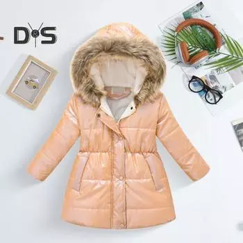 Детское длинное пальто, зимняя теплая парка, верхняя одежда, куртка с металлическим блеском и меховой отделкой на капюшоне, утепленное лыжное пальто для мальчиков и девочек 110cm розовый