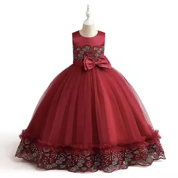 Детское длинное платье на Хэллоуин, платья для девочек, кружевное платье, платье с вышивкой, одежда принцессы, детская торжественная вечеринка, свадьба с цветочным узором для девочек 120 малиновый