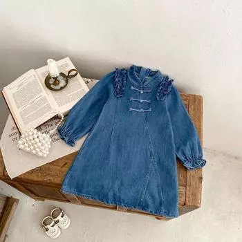 Детское джинсовое модное платье для девочек, однотонная юбка на осень-весну, одежда из хлопка для маленьких девочек, bafanou 22384 90cm(18-24M) синий