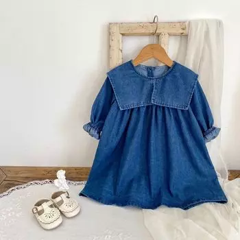 Детское джинсовое платье для девочек, юбка с длинным рукавом, модная однотонная одежда для девочек ясельного возраста bafanou 22373 90cm(18-24M) синий