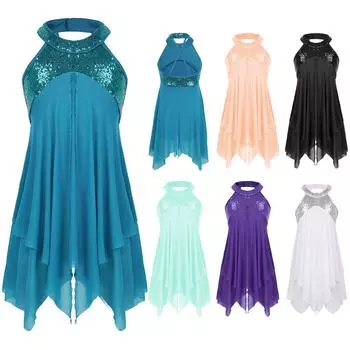 Детское гимнастическое трико с блестками для девочек, лирическое современное балетное танцевальное платье, костюм 5-6 Years бирюзовый