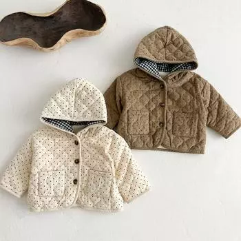 Детское хлопковое пальто 2024 года, зимнее, вельветовое, в горошек, утолщенное, с капюшоном, кардиган, хлопковая куртка-стёганая куртка 90 абрикосовый