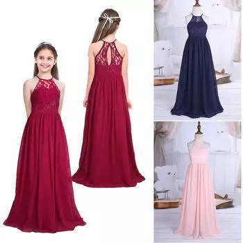 Детское кружевное шифоновое платье с цветочным узором с лямкой на шее, свадебное бальное платье подружки невесты, праздничное платье принцессы, вечерние макси-платье 3-4 Years темно-синий