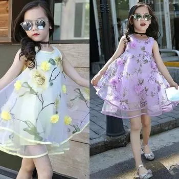 Детское летнее модное кружевное платье принцессы с цветочным принтом для маленьких девочек, вечернее свадебное платье 160cm жёлтый