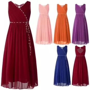 Детское летнее платье для девочек на свадьбу, день рождения, шифоновое платье без рукавов со складками и бисером, платье макси для подружки невесты 5-6 Years бордовый