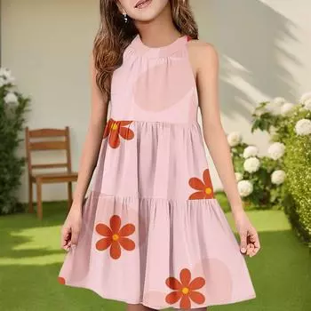Детское летнее повседневное модное платье без рукавов с круглым вырезом 120 розовый