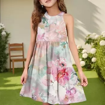 Детское летнее повседневное модное платье без рукавов с круглым вырезом 160 розовый