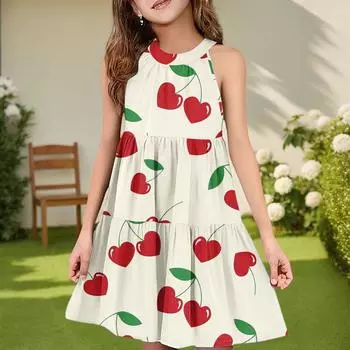 Детское летнее повседневное модное платье без рукавов с круглым вырезом 140 бежевый