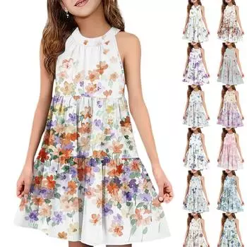 Детское летнее повседневное модное платье без рукавов с круглым вырезом 110 бежевый