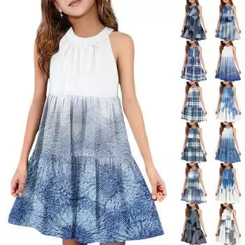 Детское летнее повседневное модное платье без рукавов с круглым вырезом 110 бежевый