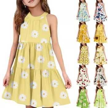 Детское летнее повседневное модное платье без рукавов с круглым вырезом 110 бежевый