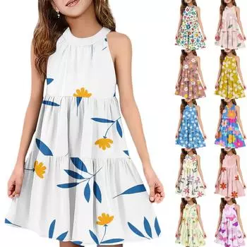 Детское летнее повседневное модное платье без рукавов с круглым вырезом 110 бежевый