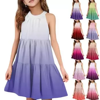 Детское летнее повседневное модное платье без рукавов с круглым вырезом 110 синий