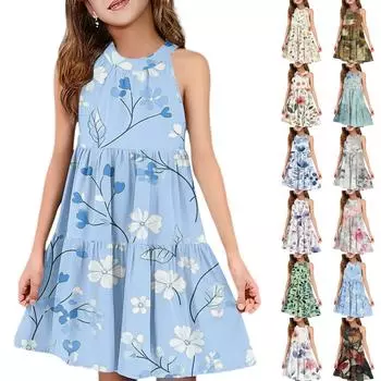 Детское летнее повседневное модное платье без рукавов с круглым вырезом 110 армия зеленый