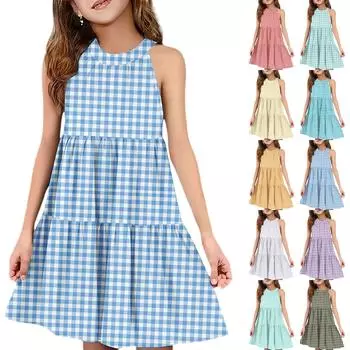 Детское летнее повседневное модное платье без рукавов с круглым вырезом 110 синий