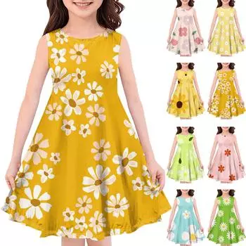 Детское летнее повседневное модное платье без рукавов с круглым вырезом и принтом 110