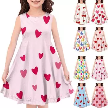 Детское летнее повседневное модное платье без рукавов с круглым вырезом и принтом 110 бежевый